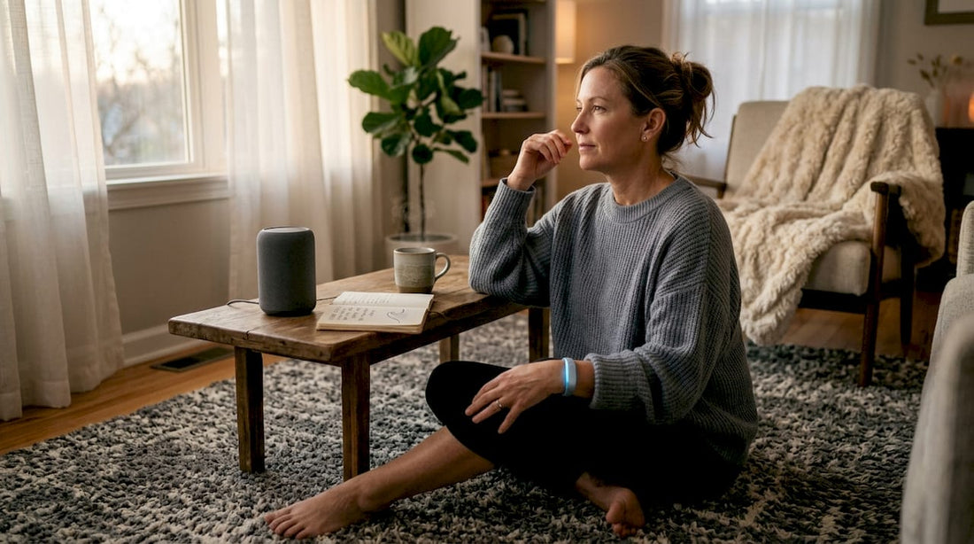 Woman preparing to sleep with wellness device