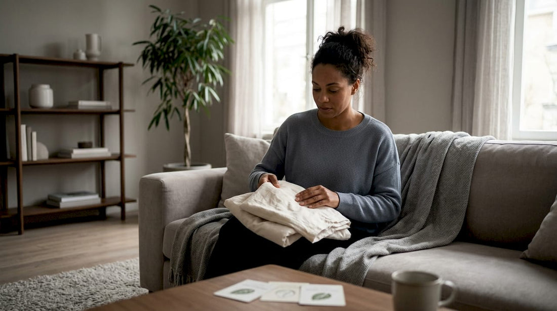 Woman examining organic cotton pillowcase at home