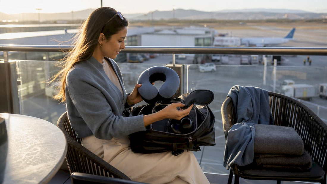 Traveler organizing sleep accessories at airport bench