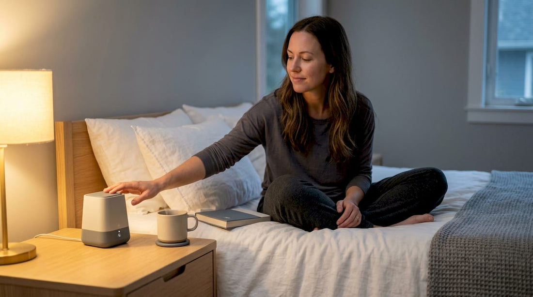 Woman setting sound masking device by bed