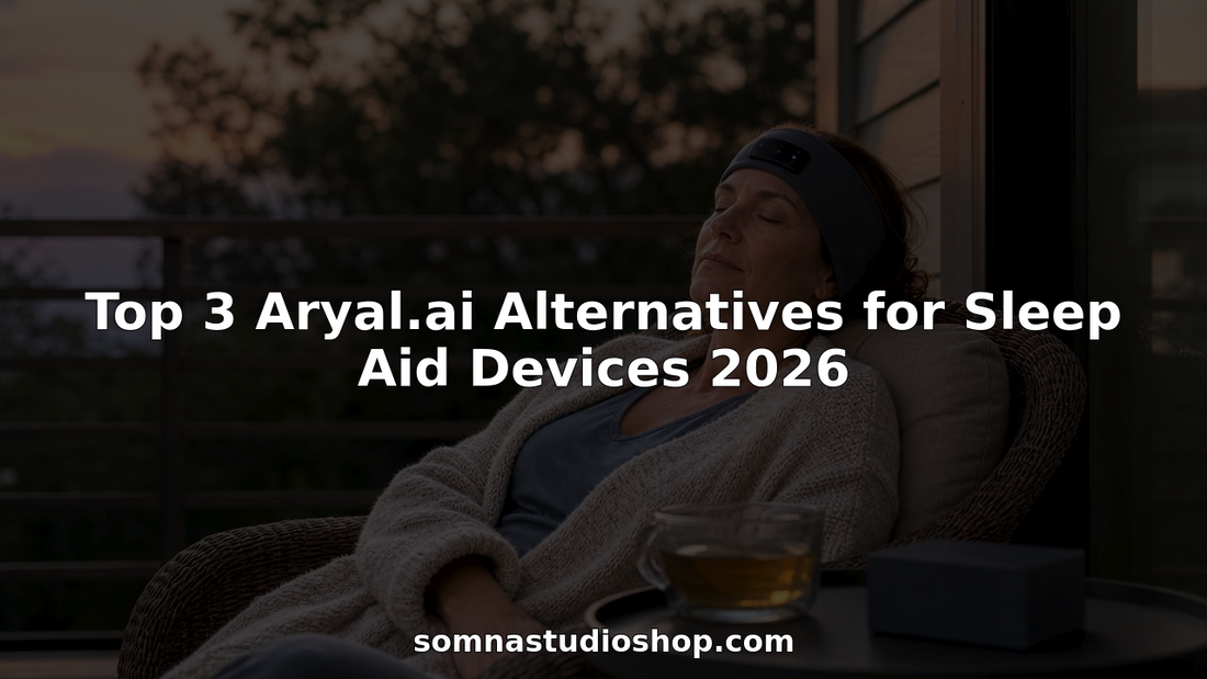 Woman using sleep aid device in living room at dusk