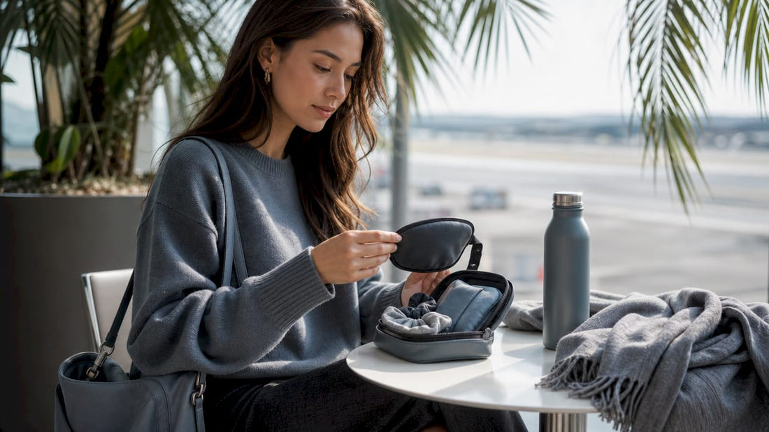 Traveler unpacking sleep kit at airport lounge
