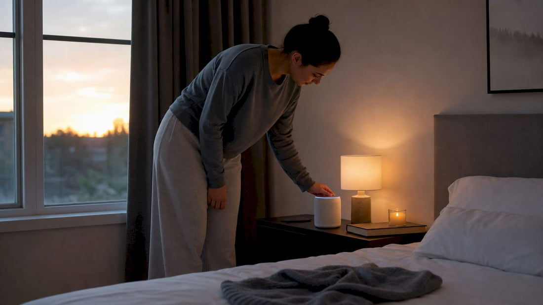 Professional woman with sleep tech gadgets bedroom