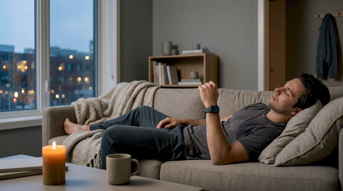 Man wearing sleep tracking wristband in bedroom