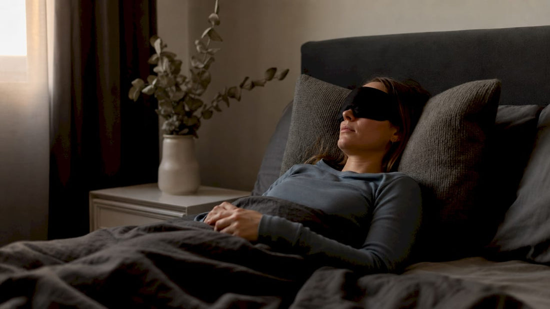 Woman wearing sleep mask lying on bed