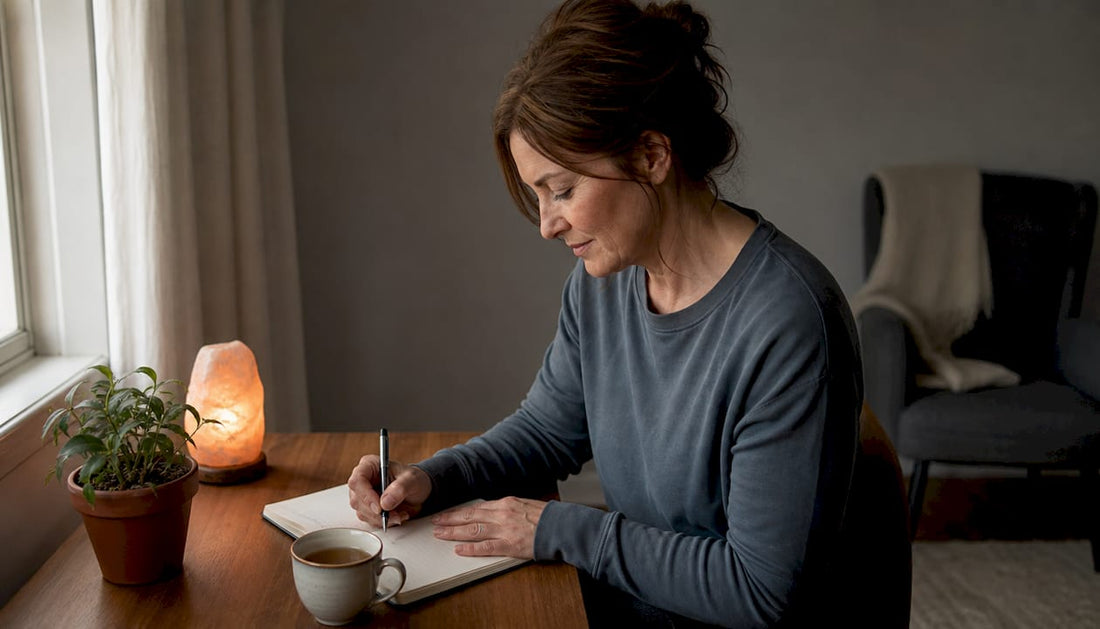 Woman journaling sleep wellness routine