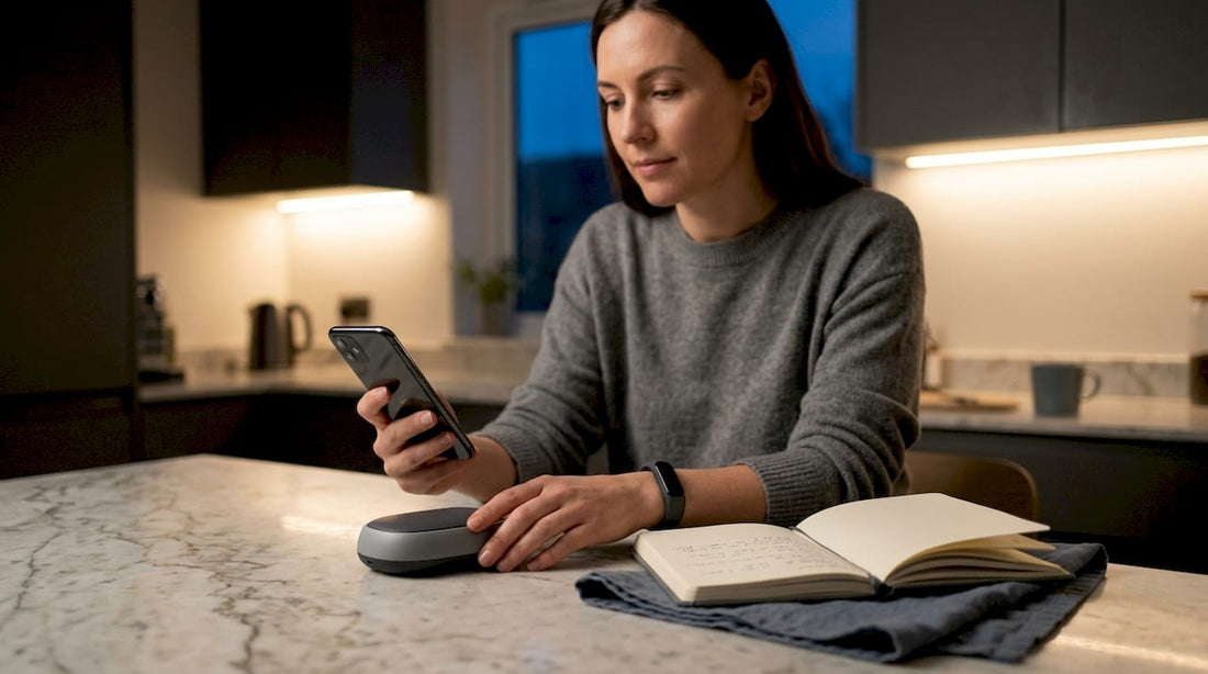 Woman assessing sleep tracker data in bedroom