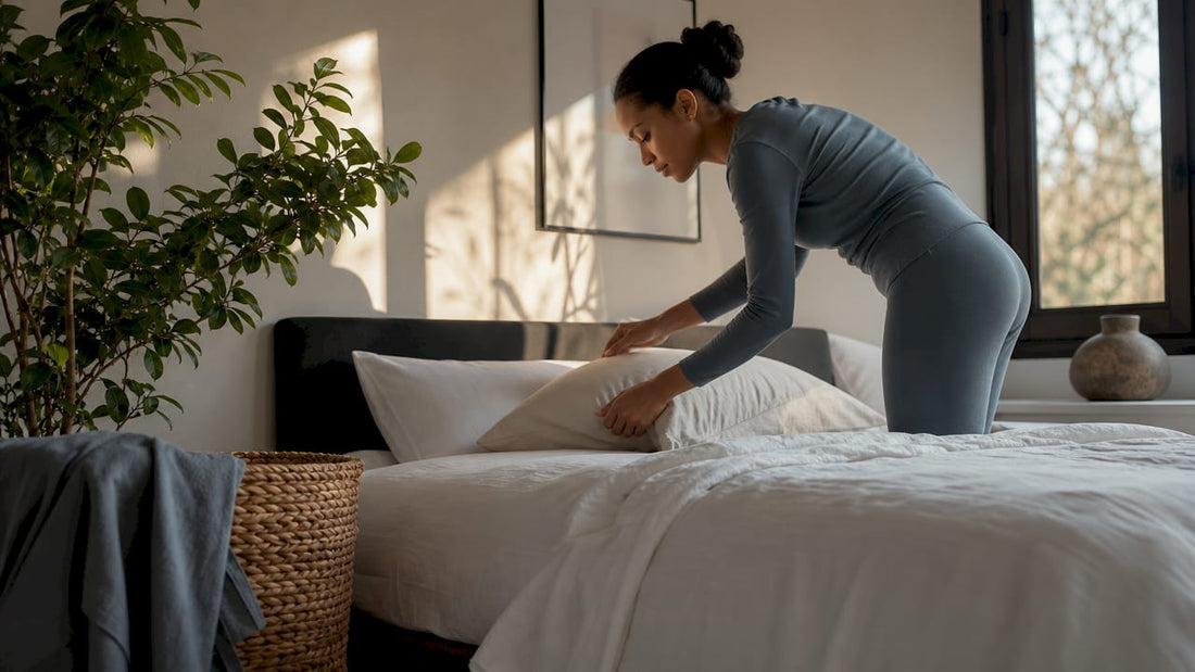Woman making bed with breathable bedding
