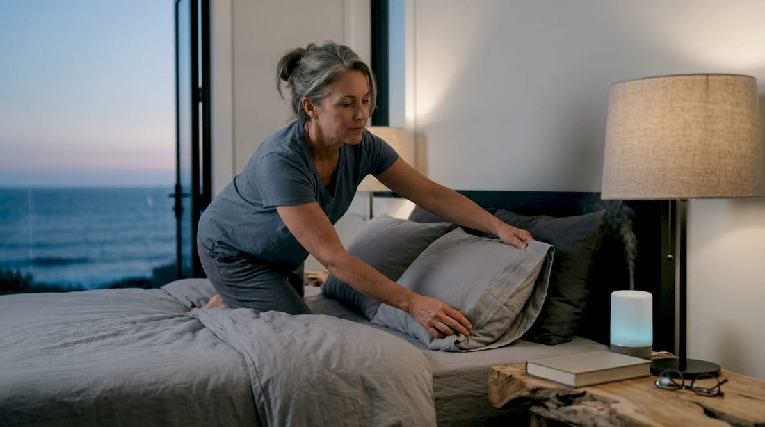 Woman preparing bed in cozy bedroom for sleep