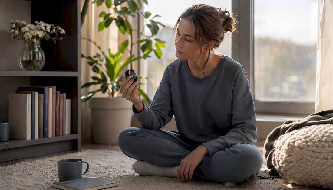 Woman examining digital sleep tracker at home