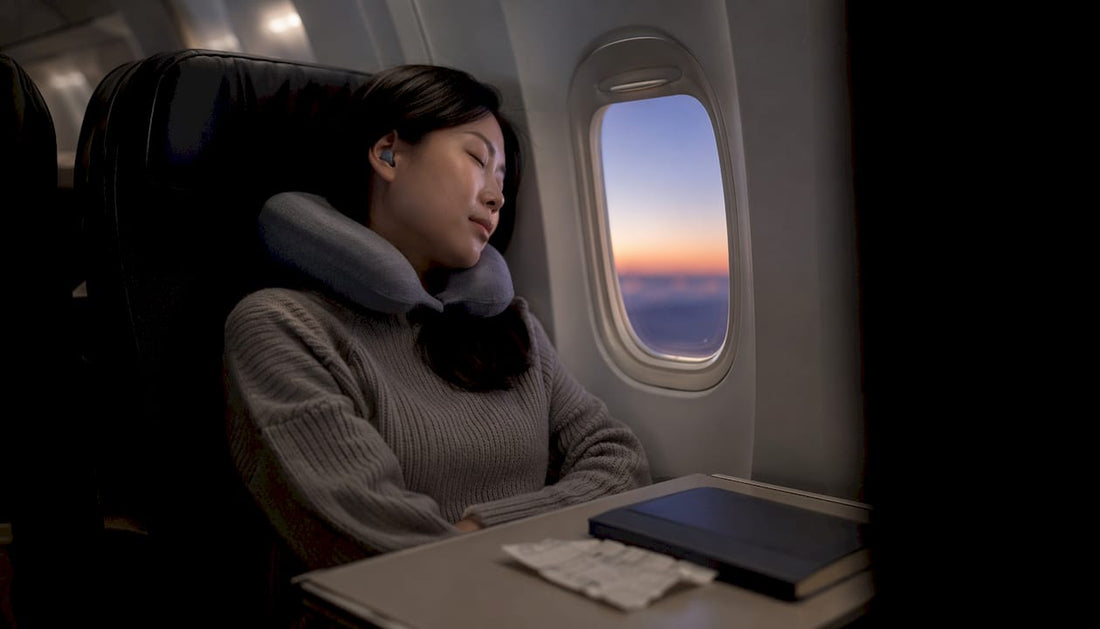Traveler wearing Bluetooth sleep earbuds on plane