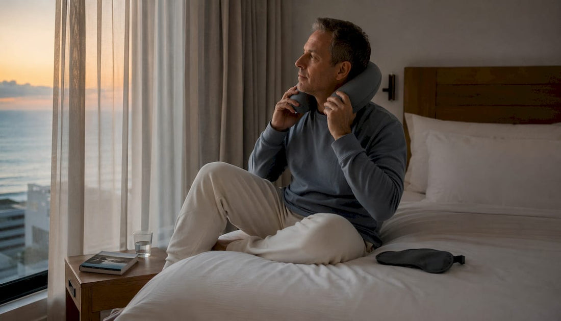 Traveler preparing for sleep in hotel room