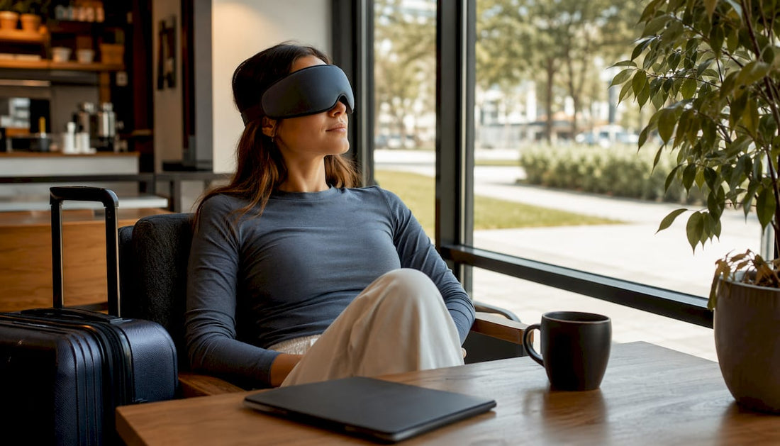 Traveler wearing Bluetooth sleep mask on airplane