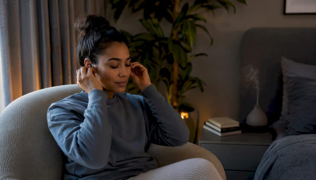 Woman placing earplugs in bedroom