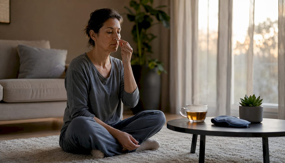 Woman using nasal dilator in bedroom