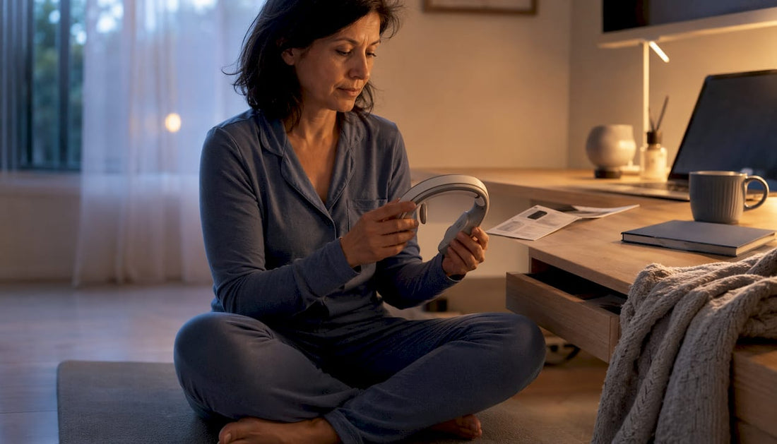 Woman examining neck sleep device in bedroom